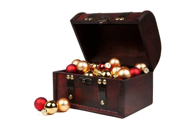 Christmas decorations in an old vintage suitcase isolated on white — Stock Photo, Image