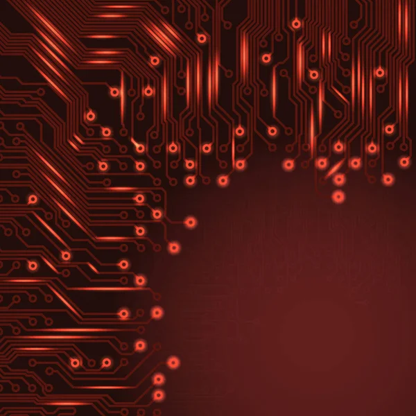 Abstrakte Elektronik roter Hintergrund mit Leiterplattenstruktur — Stockvektor
