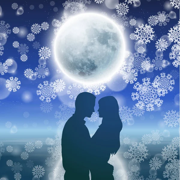 Пара на заднем плане с луной и снежинками — стоковый вектор