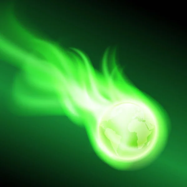 Volare fiammeggiante il globo su sfondo scuro con flusso di binari — Vettoriale Stock