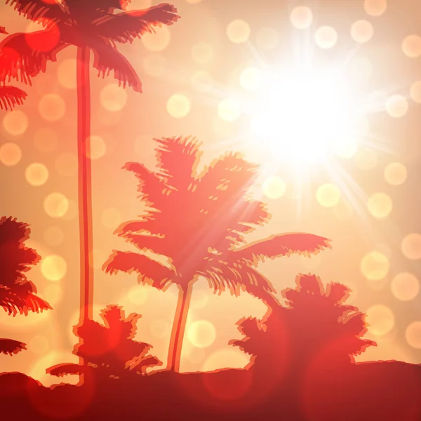 Pôr do sol do mar com ilha e palmeiras — Vetor de Stock