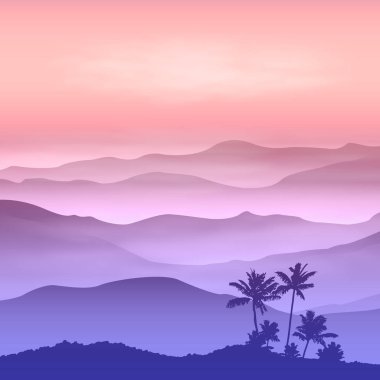 palmiye ağacı ve Dağları sis arka plan