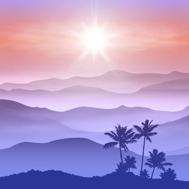 palmiye ağacı ve Dağları sis arka plan