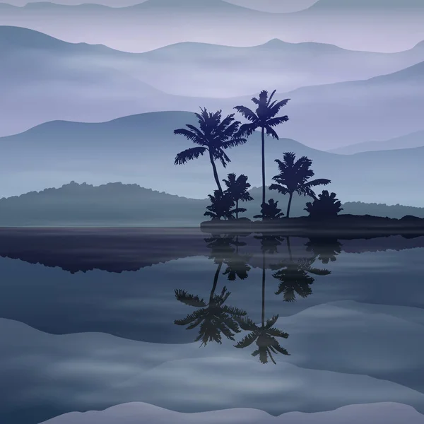 Blå baggrund med hav og palmer om natten . – Stock-vektor