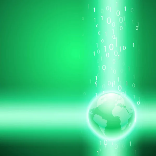 Strumień kodu binarnego na całym świecie. Zielone tło. — Wektor stockowy