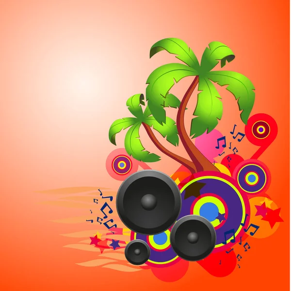 Tropicale disco dance sfondo rosso con altoparlanti — Vettoriale Stock