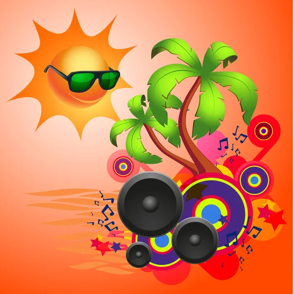 Tropicale disco dance sfondo rosso con altoparlanti — Vettoriale Stock