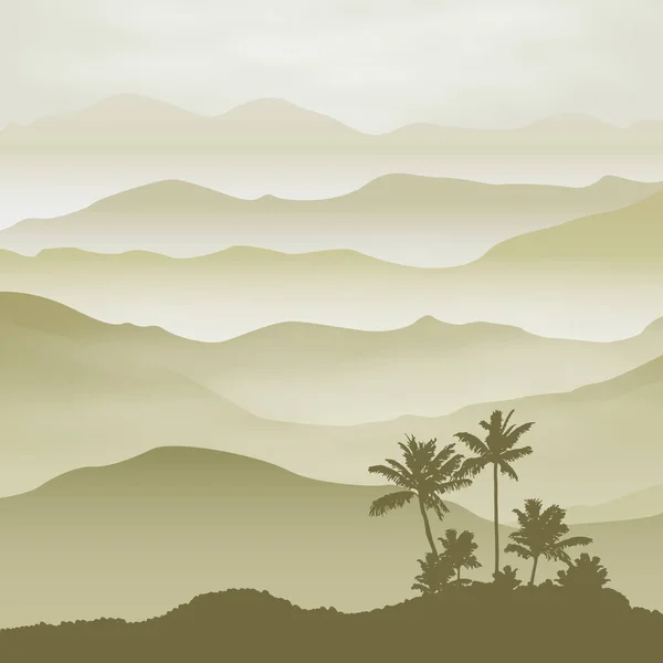 Mountains with palm tree in the fog. Background. — Stock Vector