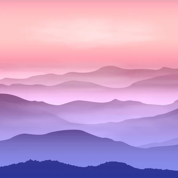 Fondo con montañas en la niebla. Tiempo de puesta del sol . — Vector de stock