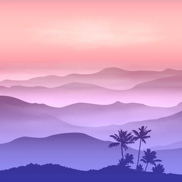 Fondo con palmeras y montañas en la niebla — Vector de stock