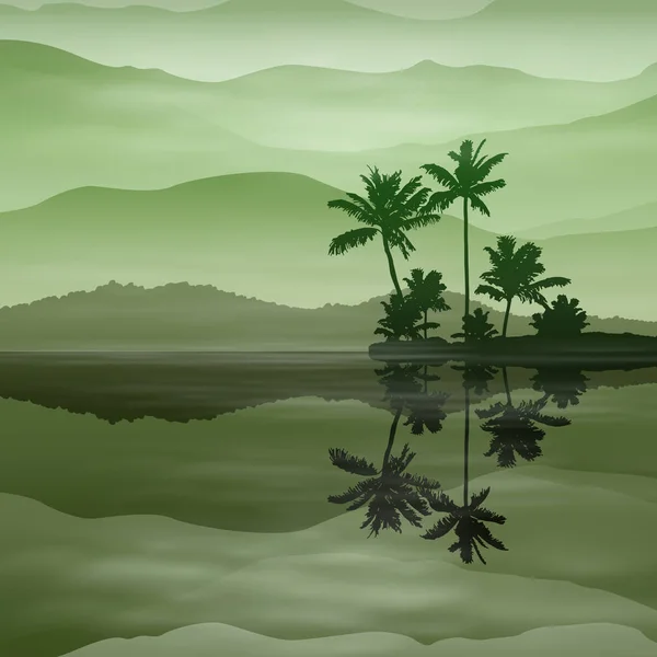 Fondo verde con mar y palmeras por la noche . — Vector de stock