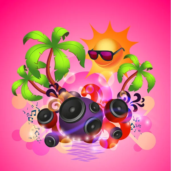 Fond de danse disco violet tropical avec haut-parleurs — Image vectorielle