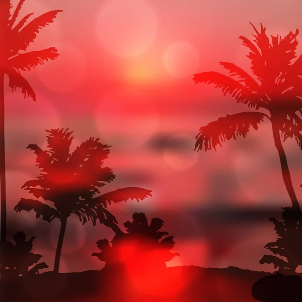 Meer lila Sonnenuntergang mit Insel und Palmen — Stockvektor