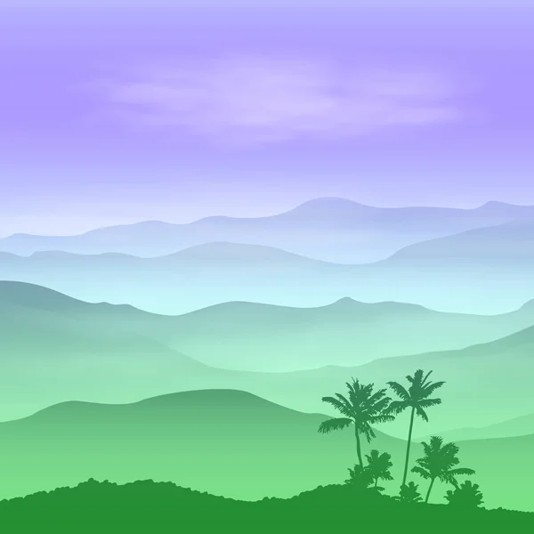 Fundo com palmeira e montanhas verdes no nevoeiro — Vetor de Stock