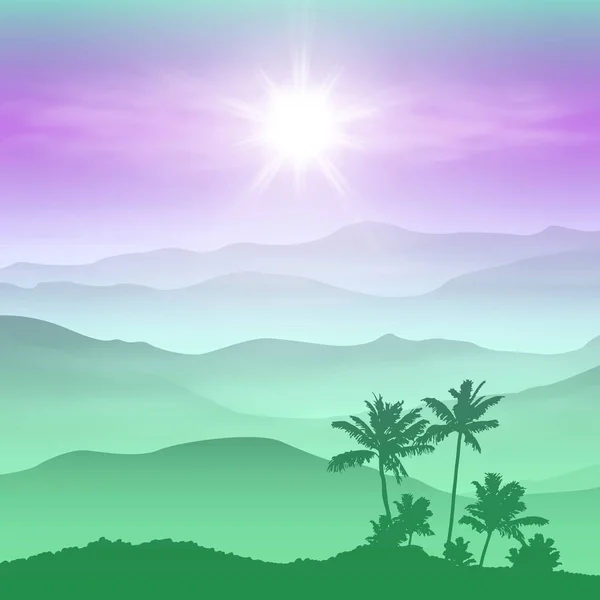Pozadí s palmou a zelené hory v mlze — Stockový vektor