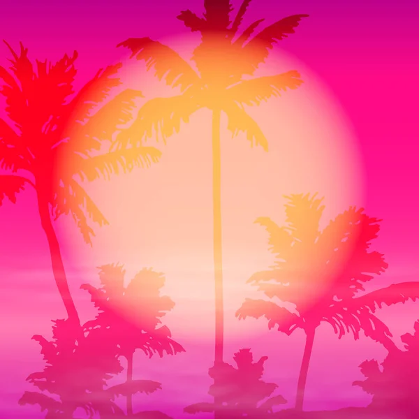 Pôr do sol do mar com palmeiras — Vetor de Stock