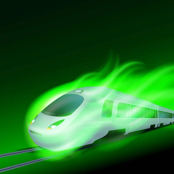 Tren de alta velocidad en movimiento llama verde por la noche . — Vector de stock