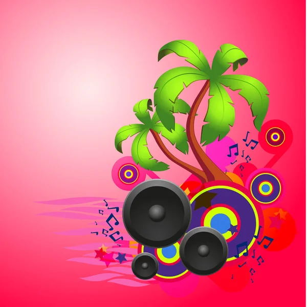 Tropical purple disco dance background with speakers — Stock Vector
