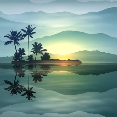 Geceleri deniz ve palmiye ağaçları ile tropikal yaz arka plan