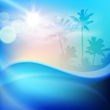 Dalga su ve palmiye ağaçları ile ada. Mavi arka plan.
