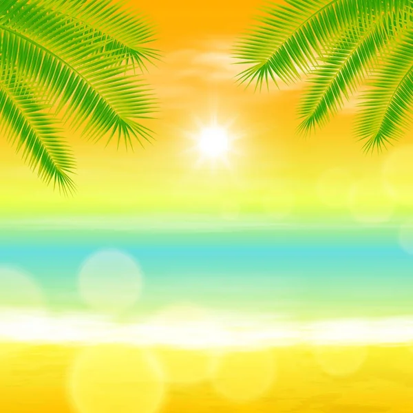 Puesta de sol en el mar con palmera y luz en la lente — Vector de stock