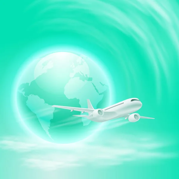 Ilustración del avión en el cielo con el globo terráqueo — Vector de stock