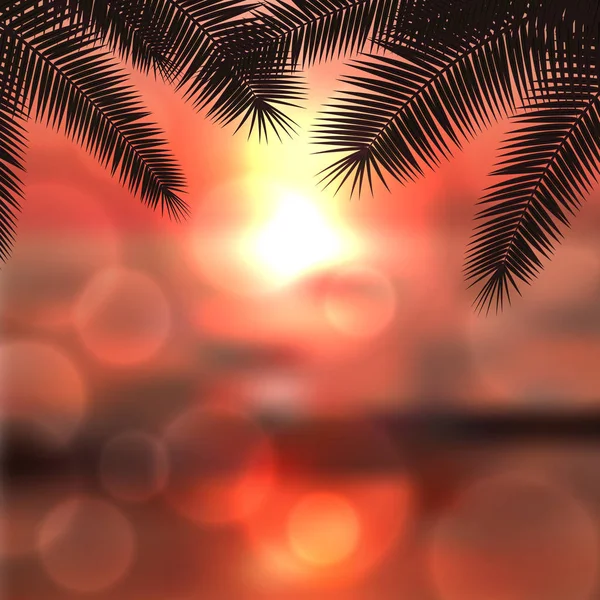 Puesta de sol de color rojo marino con hojas de palmera y luz en la lente — Vector de stock