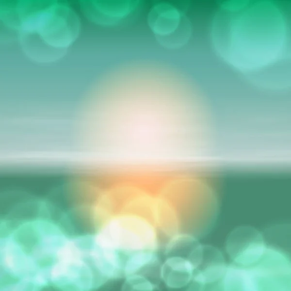 Θάλασσα ηλιοβασίλεμα με τον ήλιο, το φως στο φακό. Πράσινο φόντο. — Διανυσματικό Αρχείο