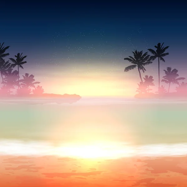 Fondo tropical con mar y palmeras. Tiempo de puesta del sol . — Vector de stock