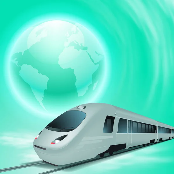 Concepto de fondo verde con tren de alta velocidad y el mundo . — Vector de stock