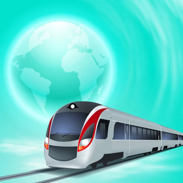 Concepto de fondo azul con tren de alta velocidad y el mundo . — Vector de stock