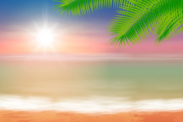 Praia e mar tropical com sol brilhante e folhas de palmtree — Vetor de Stock