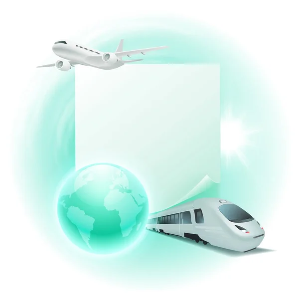 Concept reizen illustratie met vliegtuig, trein, blauwe bol en — Stockvector