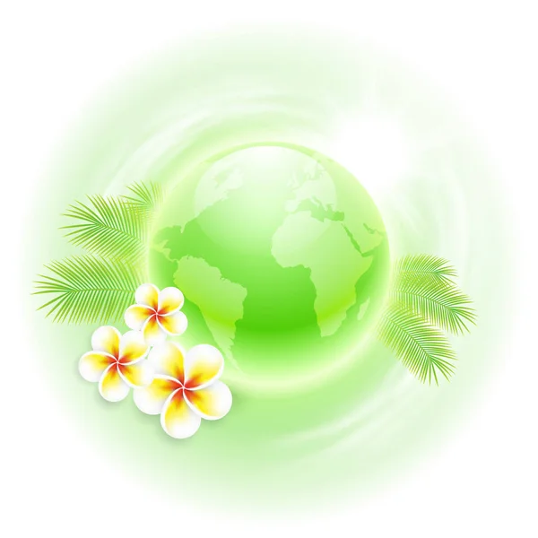 Ilustración de viaje conceptual con globo verde, flores y palma l — Vector de stock