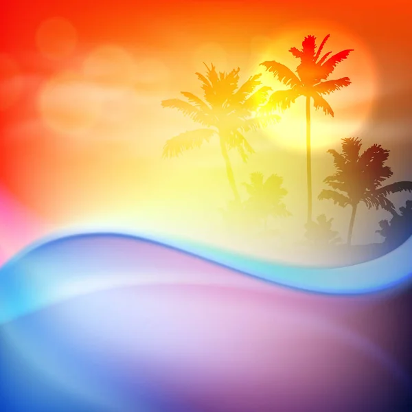 Water wave and island with palm trees. Orange background. — Stock Vector