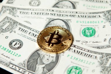 Bir dolar faturaları üzerinde altın Bitcoin.