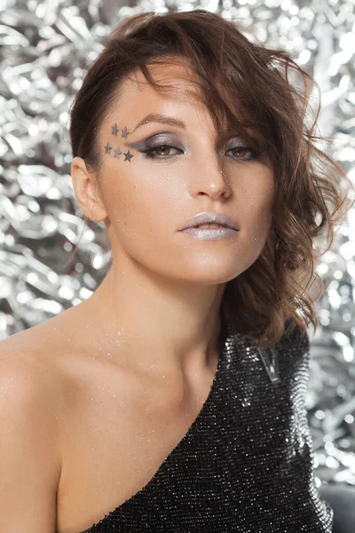 Eye makeup woman with decorative stars. Perfect makeup. Beauty fashion. — Stock Photo, Image