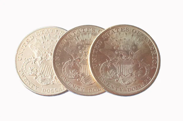 Three American Gold Eagle One Dollar Coins White Background — Stock Photo, Image