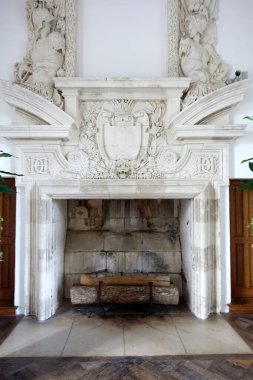 Chenonceau, Fransa 31 Temmuz 2019: Fransız Loire Vadisi 'ndeki Chateau de Chenonceau' da güzel oyulmuş şömine