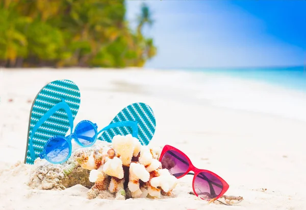 Tongs bleues lunettes de soleil et une coquille sur une plage tropicale des Maldives . — Photo