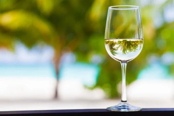 Bicchiere di vino bianco freddo e occhiali da sole sul tavolo su sfondo tropicale — Foto Stock