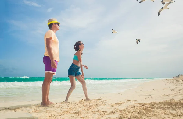 Paar füttert Vögel am Meeresufer, Möwen fliegen über zwei Personen, die am Meer spazieren — Stockfoto