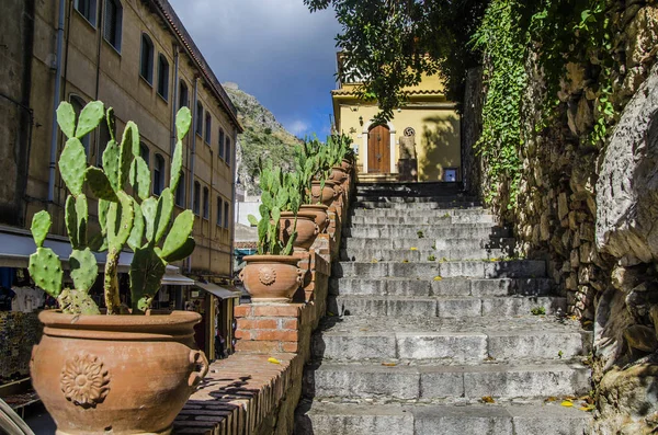 Detail street with stairs in the city of taormina — Stock Photo, Image