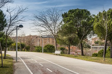 Bir halk parkında yürümek ve arka planda üç şarkılık şehir binaları. Madrid İspanya