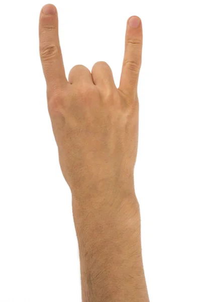 Mão mostrando gesto Rock isolado no branco — Fotografia de Stock