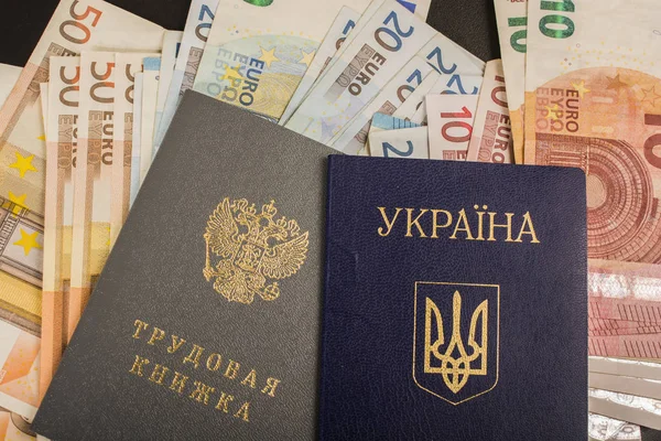 Ukrainian Passport Russian Labor Book Backdrop Pile Euro Notes — Stock Photo, Image