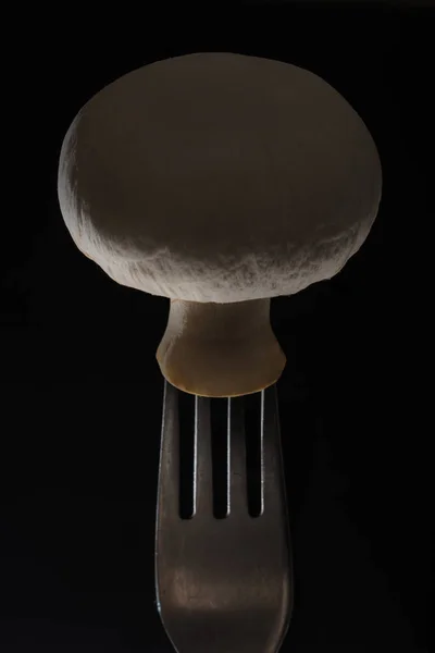 Cogumelo comum em um garfo vintage. champignon no garfo de aço inoxidável isolado em um fundo preto — Fotografia de Stock