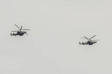 İki askeri helikopterler Ka-52 timsah Hava Kuvvetleri Vcs Rusya'nın gökyüzüne karşı uçmak