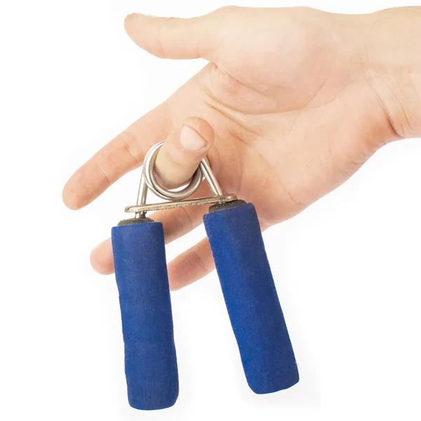 Blauer Expander in der Hand isolieren — Stockfoto