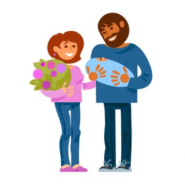 Mutlu bir aile. Yeni doğan bebek ile anne. Anne baba ve bebek. Çocuk Doğum kavramı. Beyaz arka plan üzerinde izole karikatür vektör çizim.